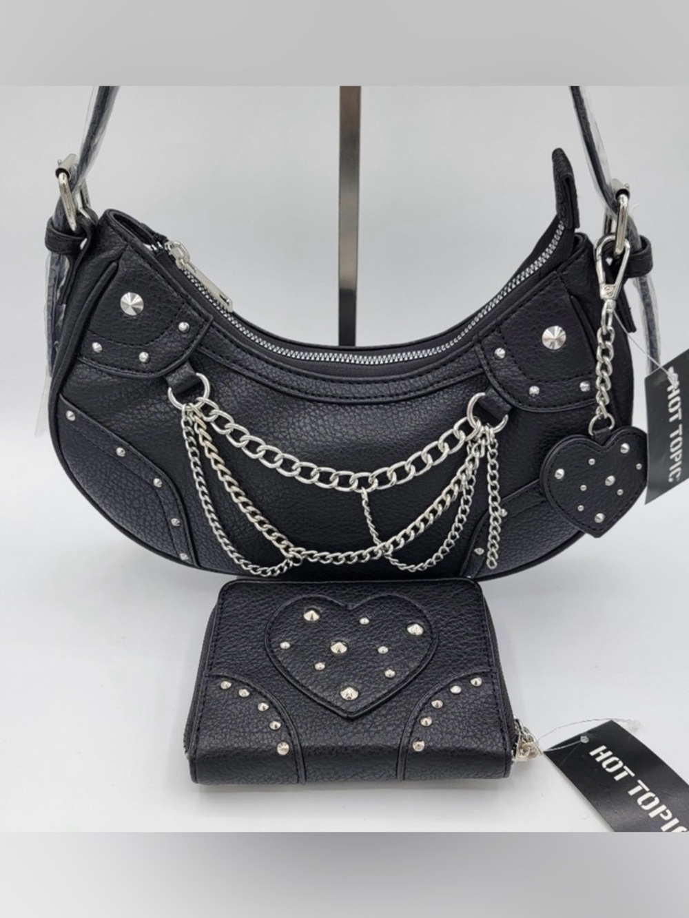 Black Baguette Bag & Wallet With Studs Heart & Chains #1789